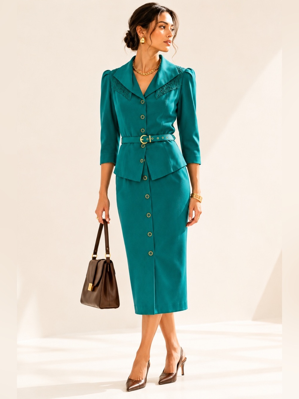 Vintage Emerald Secretary Midi Dress Crochet Collar Belted Sz 9/10P